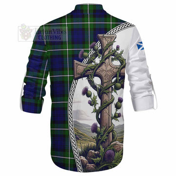 Bannerman Tartan Ghillie Kilt Shirt with Family Crest and St. Andrew's Cross Accented by Thistle Vines - Tartan Vibes Clothing