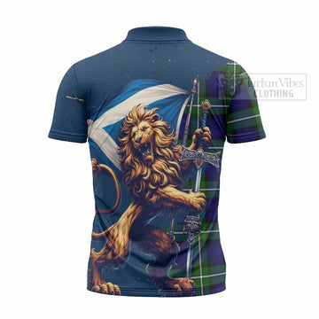 Bannerman Tartan Family Crest Zipper Polo Shirt with Scottish Majestic Lion - Tartan Vibes Clothing