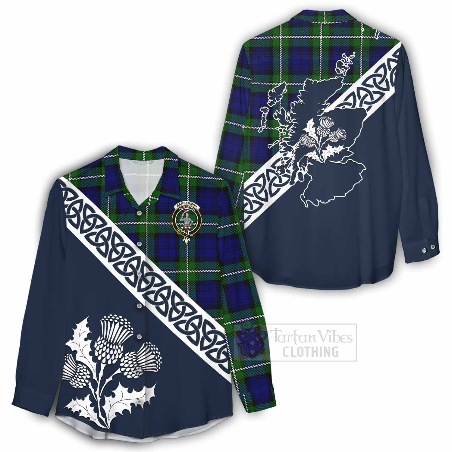 Bannerman Tartan Women's Casual Shirt Featuring Thistle and Scotland Map - Tartan Vibes Clothing