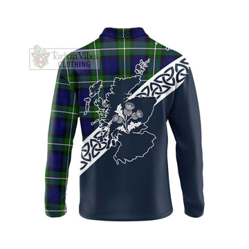 Bannerman Tartan Long Sleeve Polo Shirt Featuring Thistle and Scotland Map - Tartan Vibes Clothing