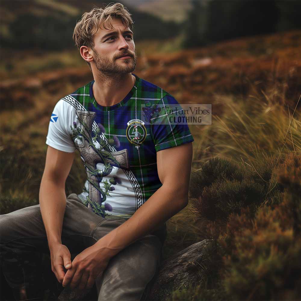 Tartan Vibes Clothing Bannerman Agnew Tartan T-Shirt with Family Crest and St. Andrew's Cross Accented by Thistle Vines