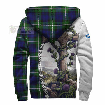 Bannerman Tartan Sherpa Hoodie with Family Crest and St. Andrew's Cross Accented by Thistle Vines - Tartan Vibes Clothing