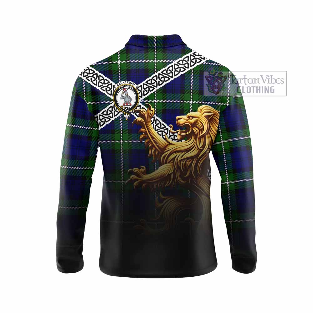 Bannerman Crest Tartan Long Sleeve Polo Shirt with Golden Lion Emblem Celtic Style - Tartan Vibes Clothing