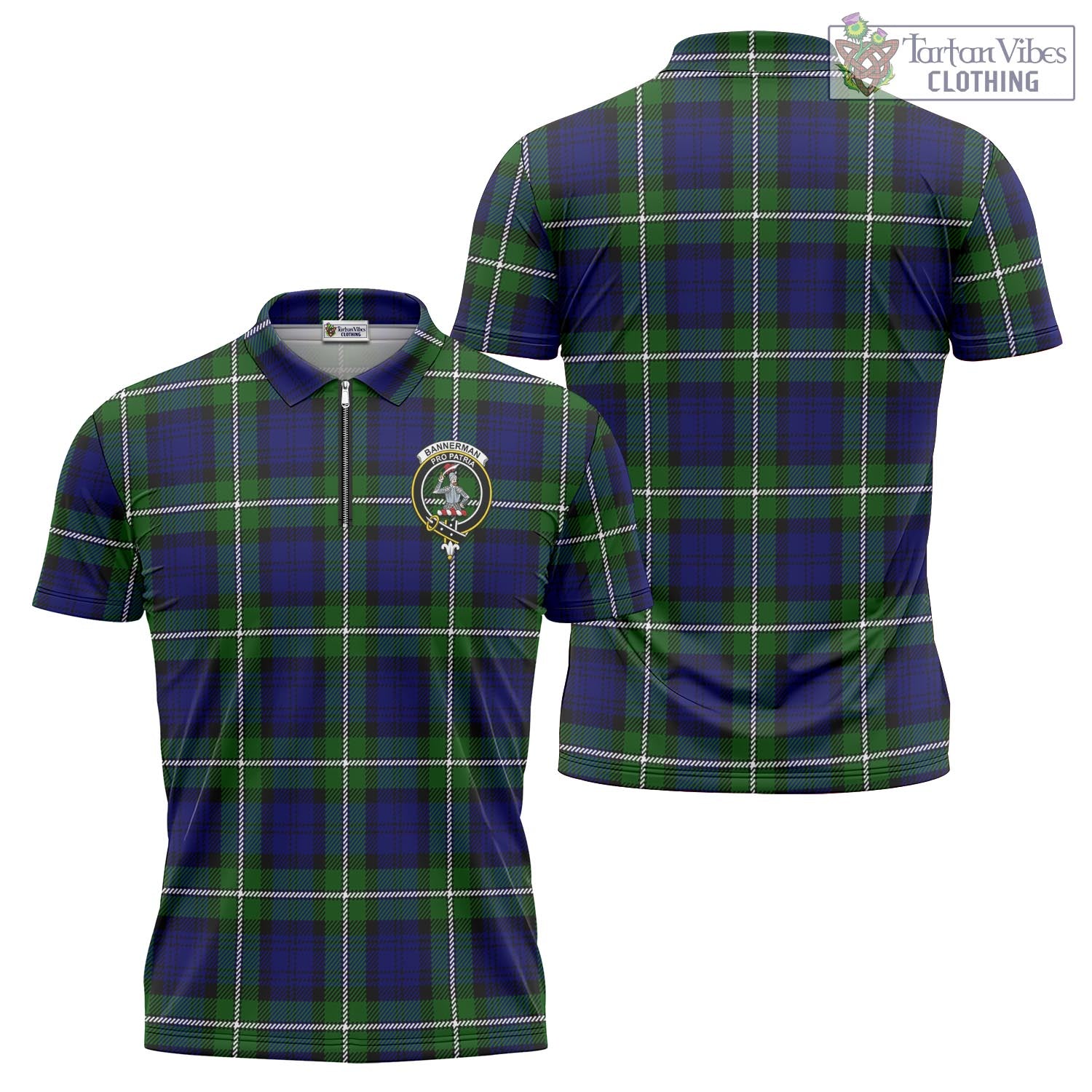 Bannerman Tartan Zipper Polo Shirt with Family Crest - Tartan Vibes Clothing