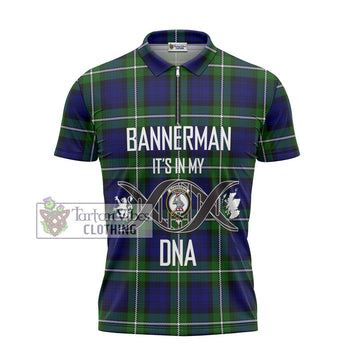 Bannerman Tartan Zipper Polo Shirt with Family Crest DNA In Me Style - Tartan Vibes Clothing