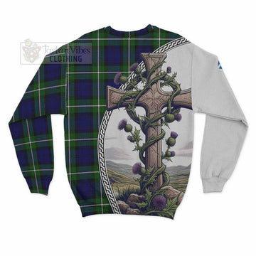 Bannerman Tartan Sweatshirt with Family Crest and St. Andrew's Cross Accented by Thistle Vines - Tartan Vibes Clothing