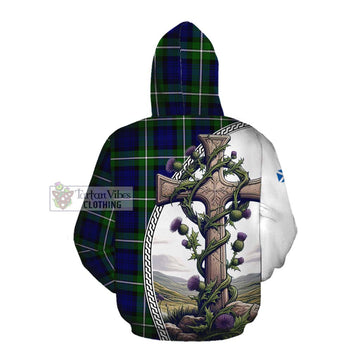 Bannerman Tartan Cotton Hoodie with Family Crest and St. Andrew's Cross Accented by Thistle Vines Pullover Hoodie - Tartan Vibes Clothing