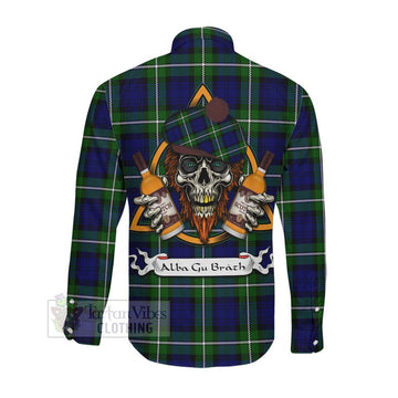 Bannerman Tartan Long Sleeve Button Shirt with Family Crest and Bearded Skull Holding Bottles of Whiskey Men's Shirt - Tartan Vibes Clothing