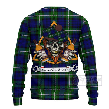 Bannerman Tartan Ugly Sweater with Family Crest and Bearded Skull Holding Bottles of Whiskey - Tartan Vibes Clothing