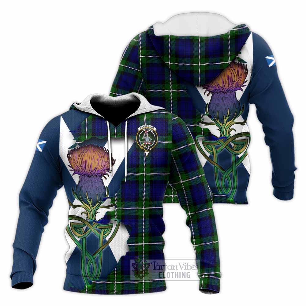 Tartan Vibes Clothing Bannerman Tartan Family Crest Knitted Hoodie Scottish Thistle Celtic Inspired