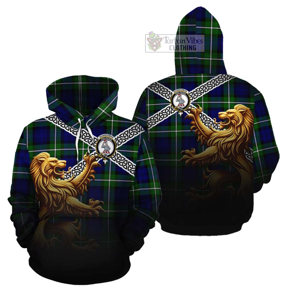 Bannerman Crest Tartan Cotton Hoodie with Golden Lion Emblem Celtic Style - Tartan Vibes Clothing