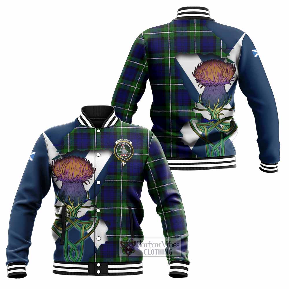Tartan Vibes Clothing Bannerman Tartan Family Crest Baseball Jacket Scottish Thistle Celtic Inspired