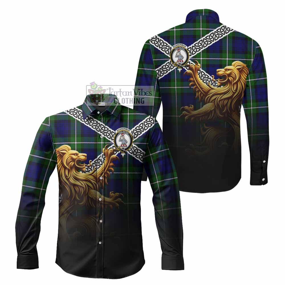 Bannerman Crest Tartan Long Sleeve Button Shirt with Golden Lion Emblem Celtic Style - Tartan Vibes Clothing