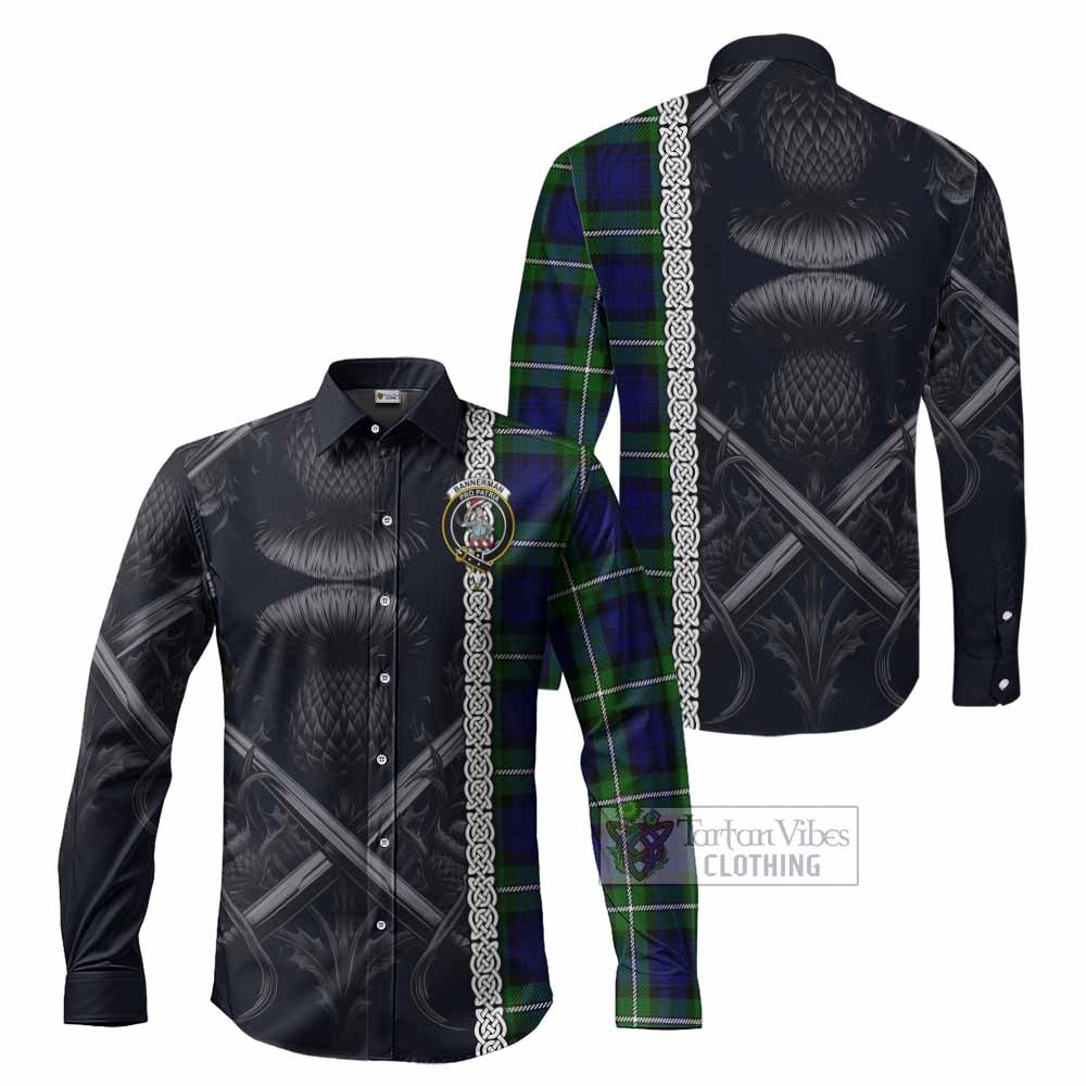 Tartan Vibes Clothing Bannerman Tartan Long Sleeve Button Shirt with Family Crest Cross Sword Thistle Celtic Vibes