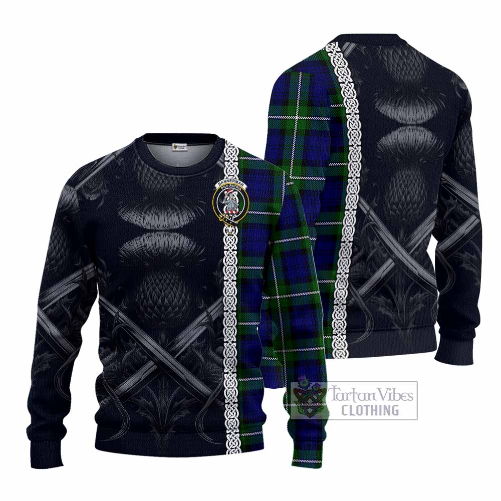 Bannerman Tartan Knitted Sweater with Family Crest Cross Sword Thistle Celtic Vibes - Tartan Vibes Clothing