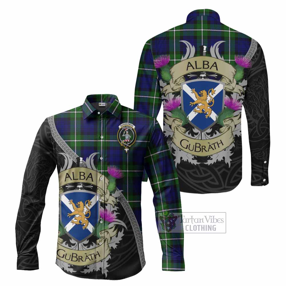 Bannerman Tartan Family Crest Long Sleeve Button Shirt Lion Rampant Royal Thistle Shield Celtic Inspired - Tartan Vibes Clothing