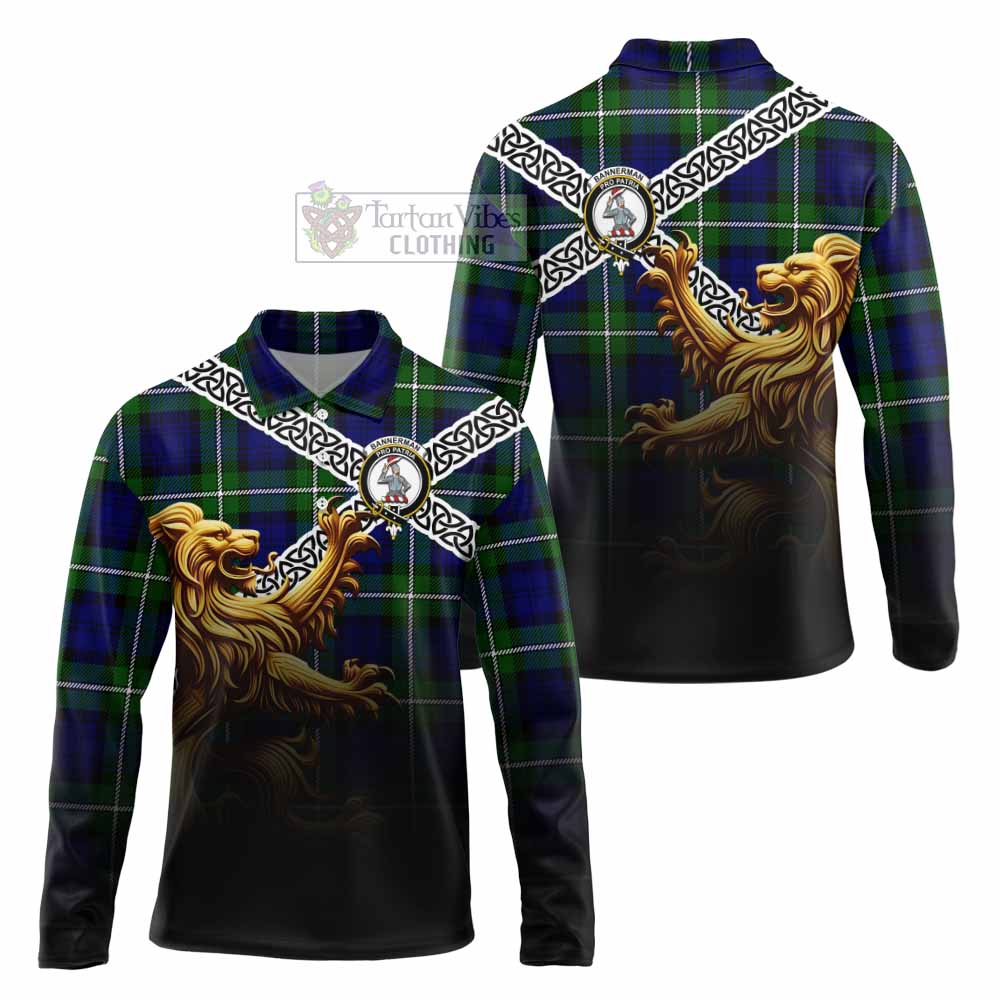 Bannerman Crest Tartan Long Sleeve Polo Shirt with Golden Lion Emblem Celtic Style - Tartan Vibes Clothing
