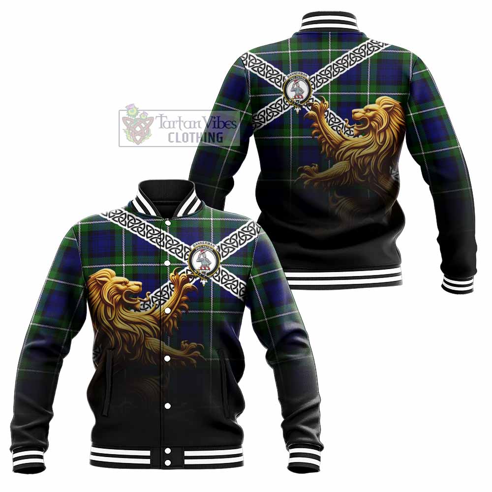 Bannerman Crest Tartan Baseball Jacket with Golden Lion Emblem Celtic Style - Tartan Vibes Clothing