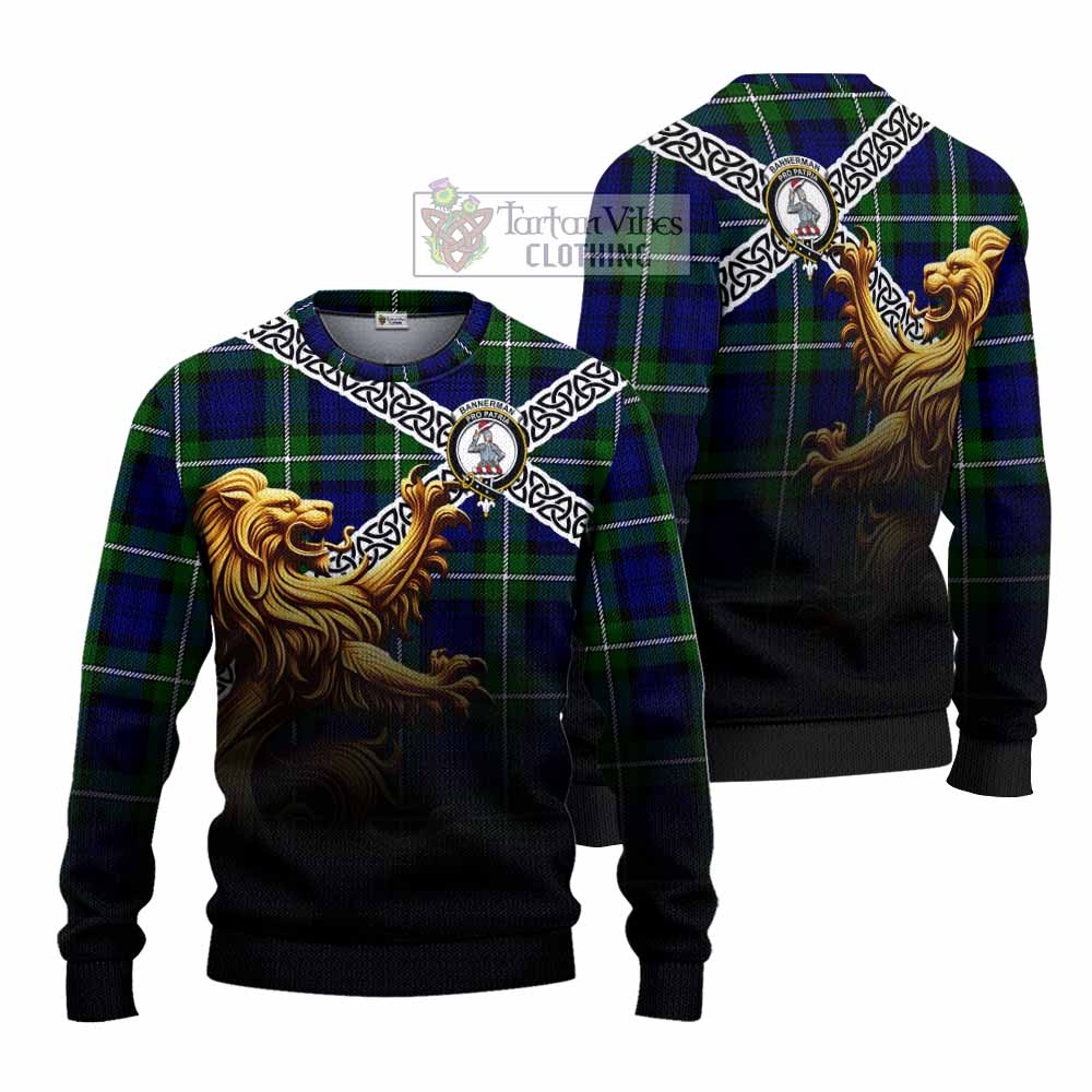 Bannerman Crest Tartan Knitted Sweater with Golden Lion Emblem Celtic Style - Tartan Vibes Clothing