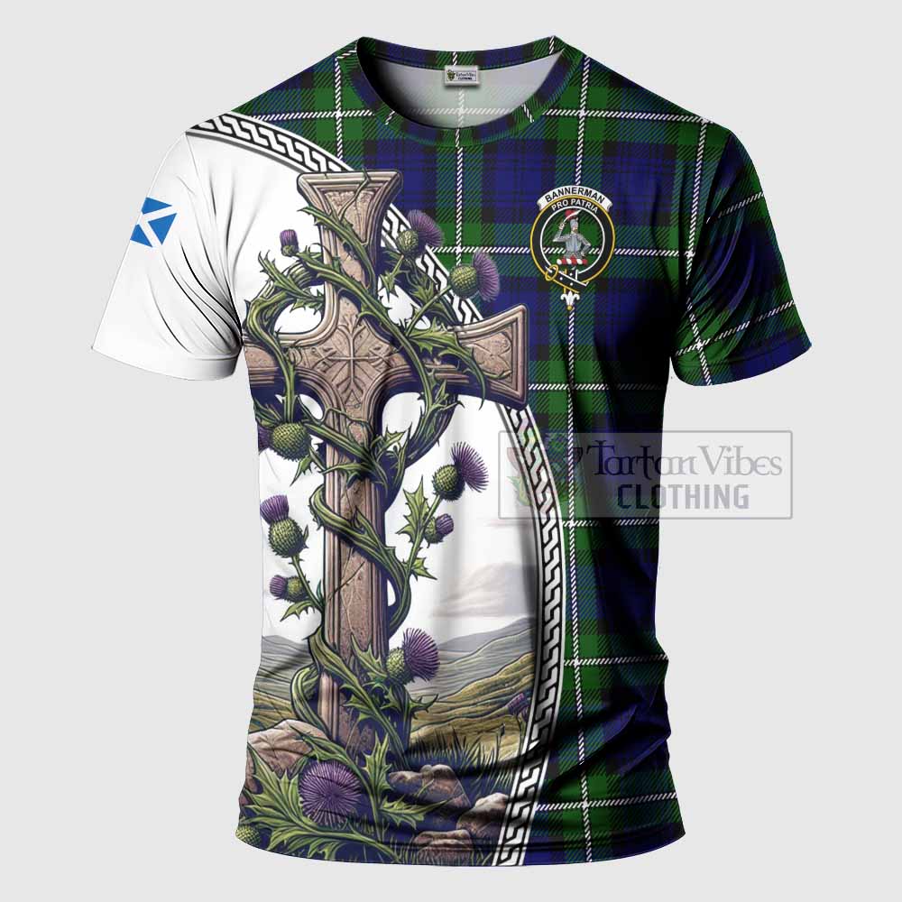 Tartan Vibes Clothing Bannerman Agnew Tartan T-Shirt with Family Crest and St. Andrew's Cross Accented by Thistle Vines