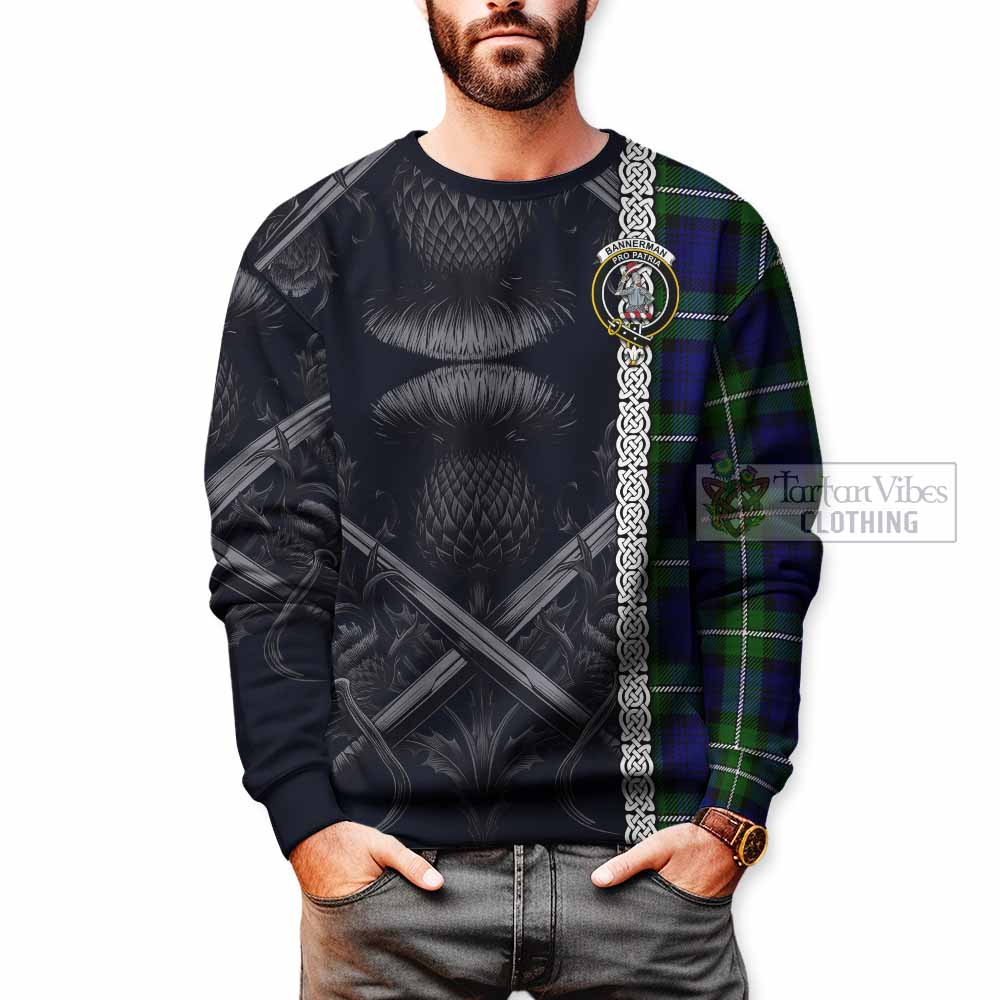 Bannerman Tartan Sweatshirt with Family Crest Cross Sword Thistle Celtic Vibes - Tartan Vibes Clothing