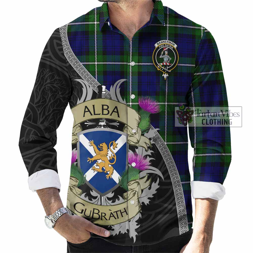 Bannerman Tartan Family Crest Long Sleeve Button Shirt Lion Rampant Royal Thistle Shield Celtic Inspired - Tartan Vibes Clothing