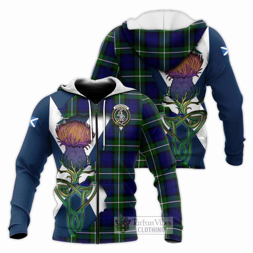 Tartan Vibes Clothing Bannerman Tartan Family Crest Knitted Hoodie Scottish Thistle Celtic Inspired