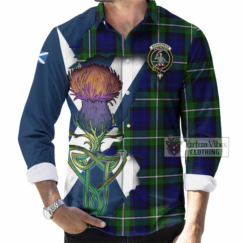 Tartan Vibes Clothing Bannerman Tartan Family Crest Long Sleeve Button Shirt Scottish Thistle Celtic Inspired
