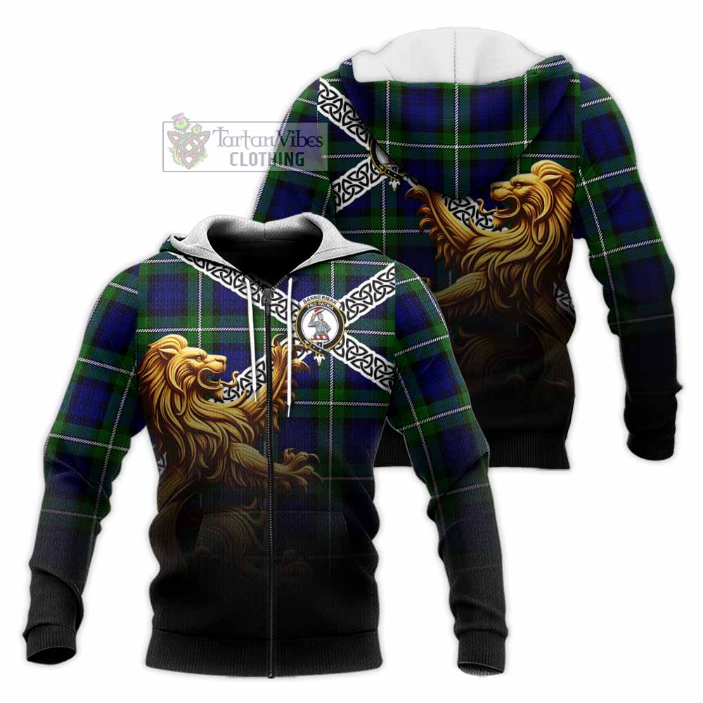 Bannerman Crest Tartan Knitted Hoodie with Golden Lion Emblem Celtic Style Unisex Knitted Zip Hoodie - Tartan Vibes Clothing
