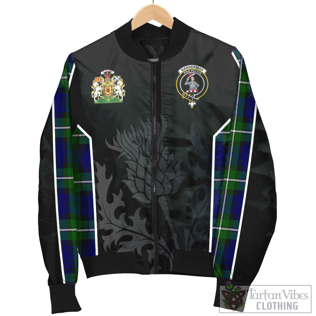 Bannerman Tartan Bomber Jacket with Family Crest and Scottish Thistle Vibes Sport Style - Tartan Vibes Clothing