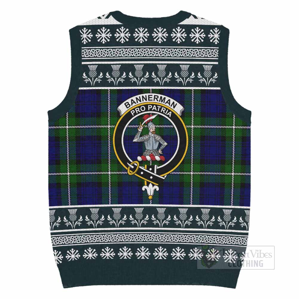 Bannerman Clan Tartan Christmas Knitted V-Neck Vest with Family Crest - Tartan Vibes Clothing