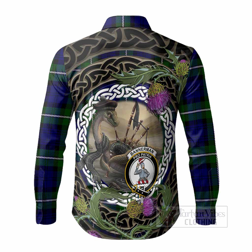 Bannerman Tartan Crest Bagpipe Nessie Long Sleeve Button Shirts Scottish Loch Ness Monster Celtic Thistle
