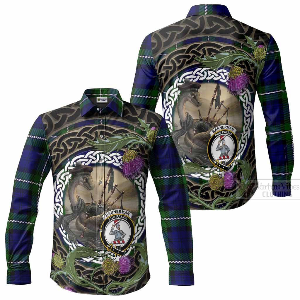 Bannerman Tartan Crest Bagpipe Nessie Long Sleeve Button Shirts Scottish Loch Ness Monster Celtic Thistle