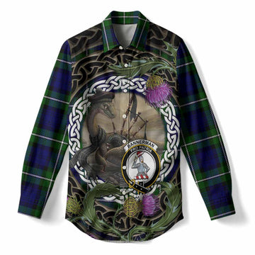Bannerman Tartan Crest Bagpipe Nessie Women Casual Shirt Scottish Loch Ness Monster Celtic Thistle