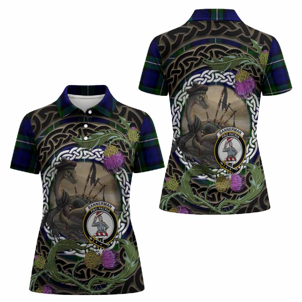 Bannerman Tartan Crest Bagpipe Nessie Women Polo Shirt Scottish Loch Ness Monster Celtic Thistle
