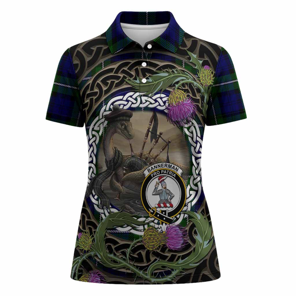 Bannerman Tartan Crest Bagpipe Nessie Women Polo Shirt Scottish Loch Ness Monster Celtic Thistle