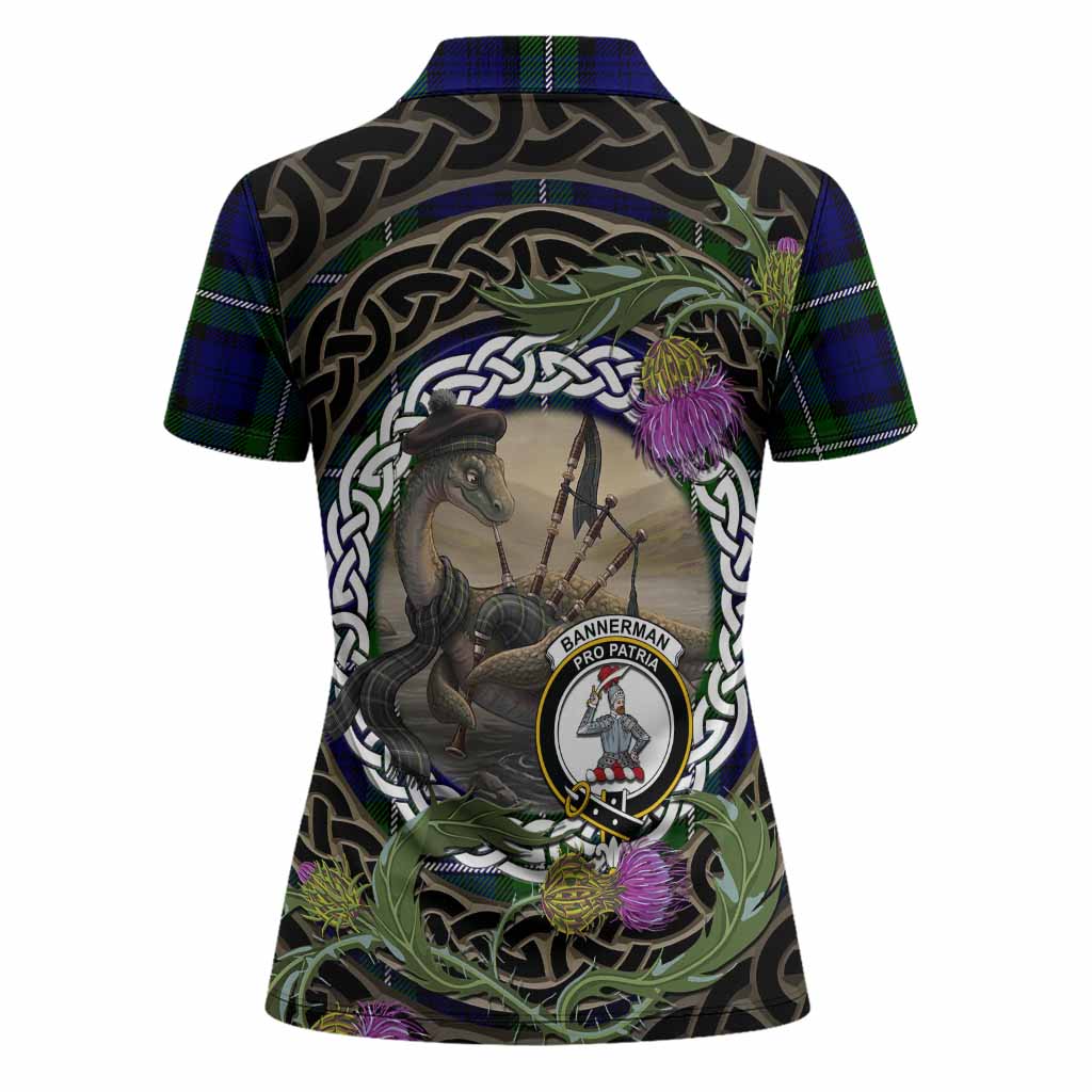 Bannerman Tartan Crest Bagpipe Nessie Women Polo Shirt Scottish Loch Ness Monster Celtic Thistle