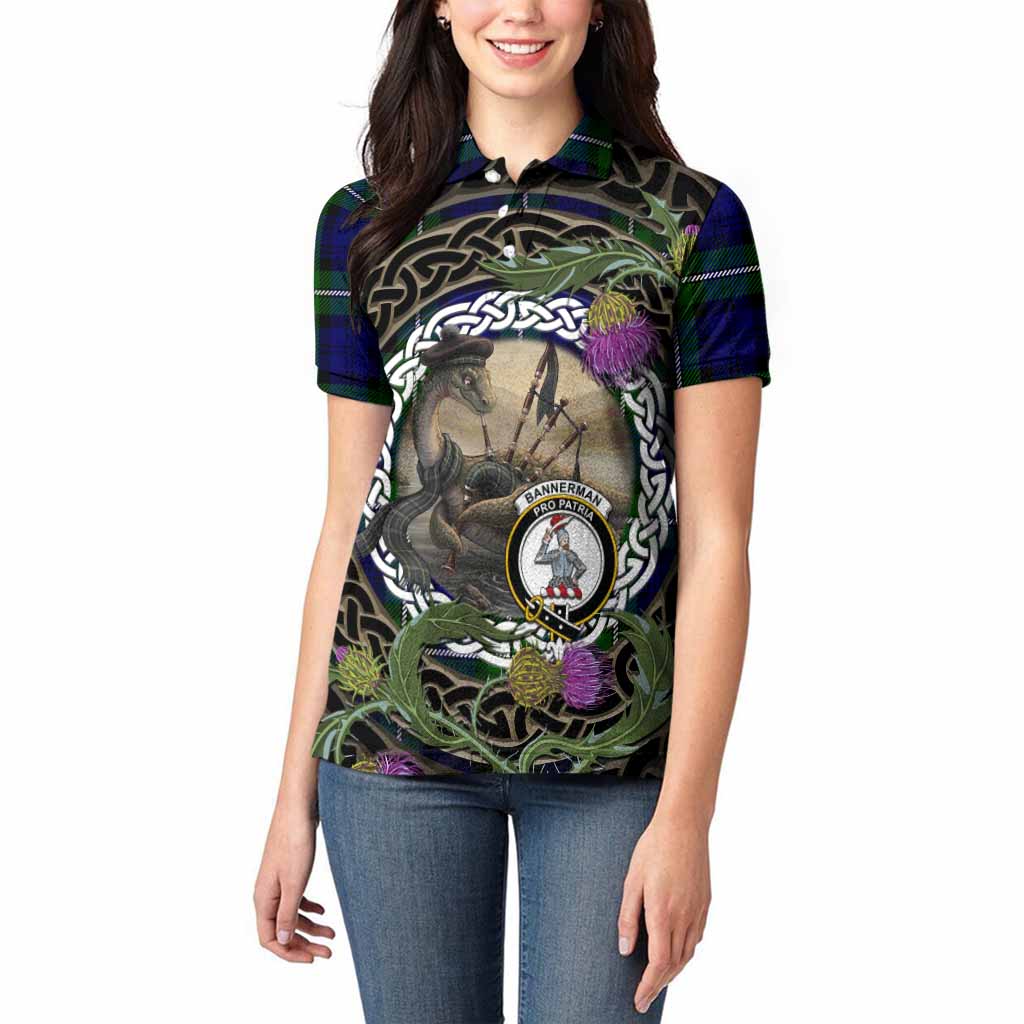Bannerman Tartan Crest Bagpipe Nessie Women Polo Shirt Scottish Loch Ness Monster Celtic Thistle