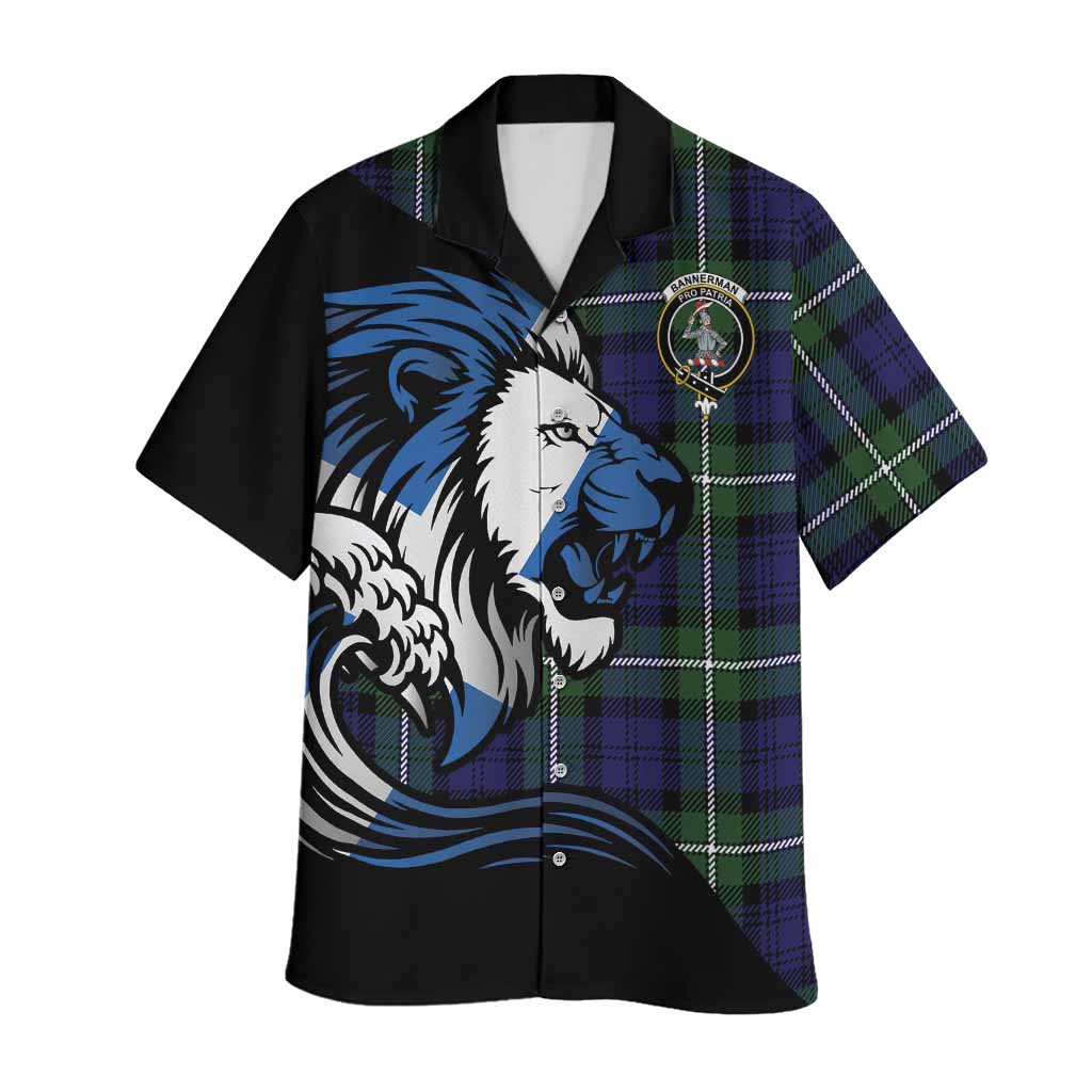 Bannerman Tartan Crest Hawaiian Shirt Scottish Golden Lions Wave Flow