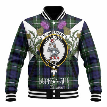 Bannerman Tartan Family Crest Baseball Jacket Scottish Burns Night Thistle Floral