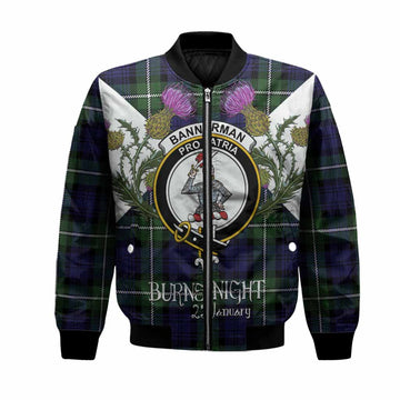 Bannerman Tartan Family Crest Bomber Jacket Scottish Burns Night Thistle Floral