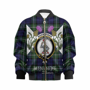 Bannerman Tartan Family Crest Kid Bomber Jacket Scottish Burns Night Thistle Floral
