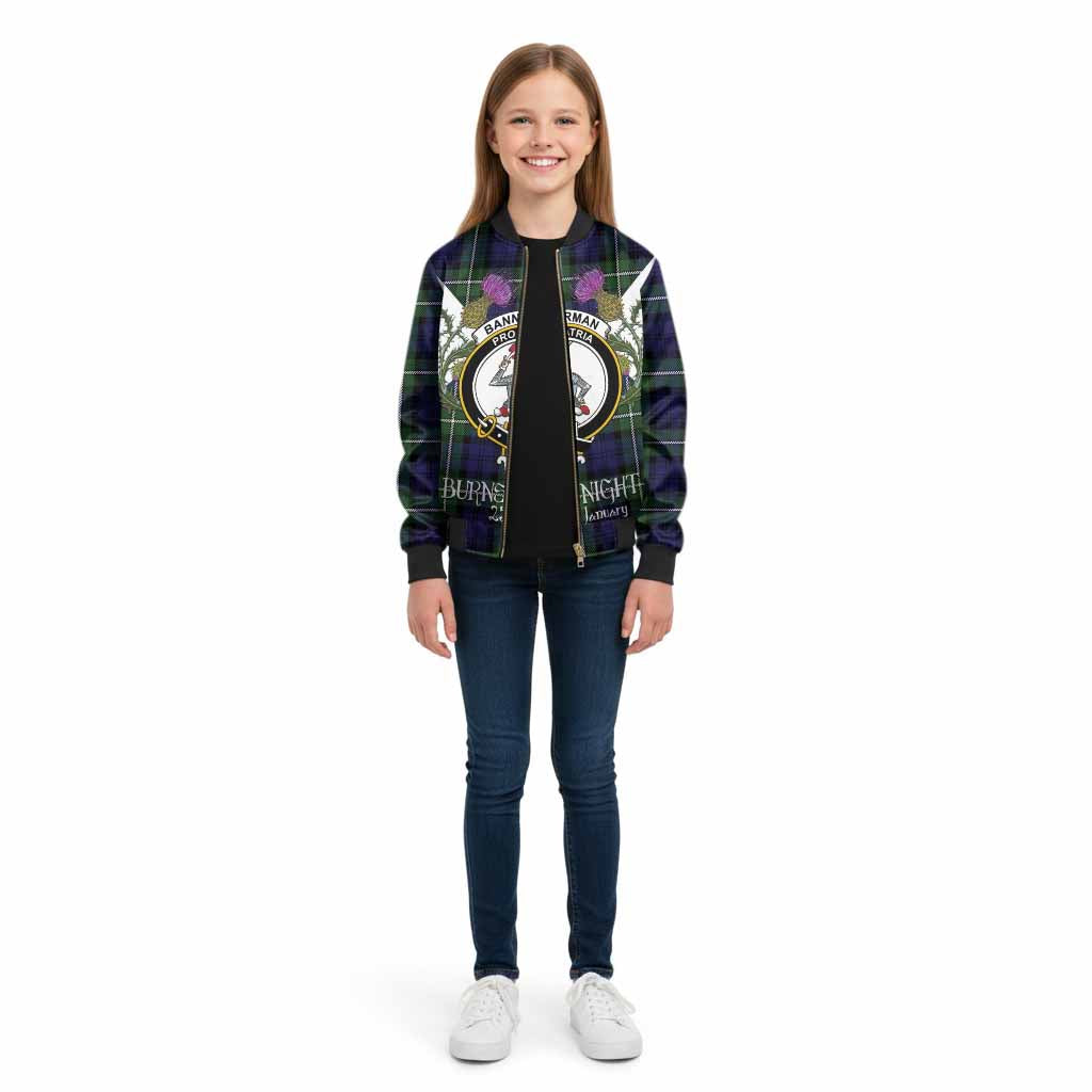 Bannerman Tartan Family Crest Kid Bomber Jacket Scottish Burns Night Thistle Floral