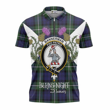 Bannerman Tartan Family Crest Zipper Polo Shirt Scottish Burns Night Thistle Floral