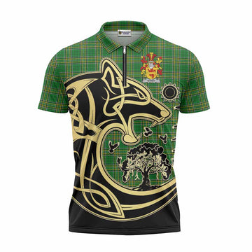 Barby Irish Tartan Zipper Polo Shirt with Coat of Arms Celtic Wolf Style Unisex - Tartan Vibes Clothing