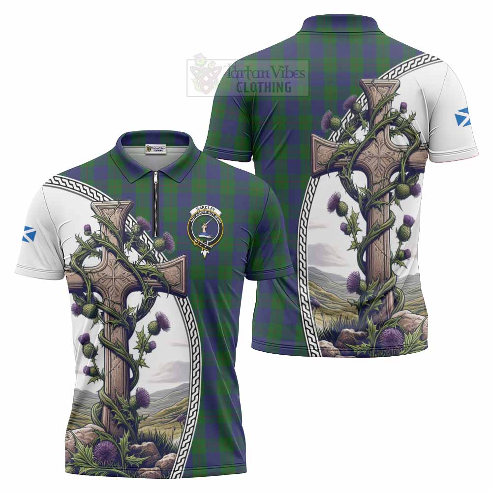Tartan Vibes Clothing Barclay Tartan Zipper Polo Shirt with Family Crest and St. Andrew's Cross Accented by Thistle Vines