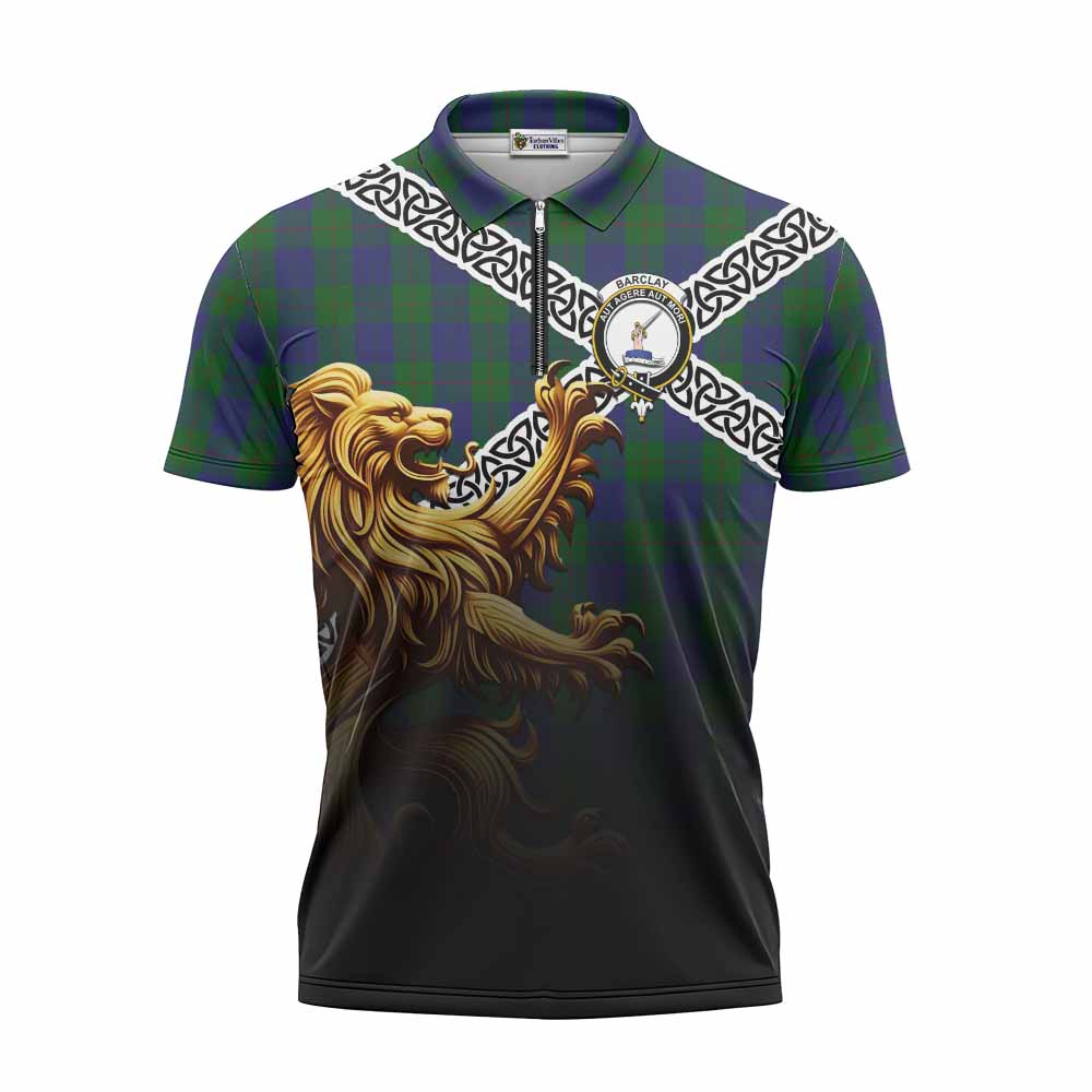 Tartan Vibes Clothing Barclay Crest Tartan Zipper Polo Shirt with Golden Lion Emblem Celtic Style