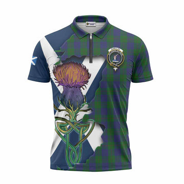 Barclay Tartan Family Crest Zipper Polo Shirt Scottish Thistle Celtic Inspired