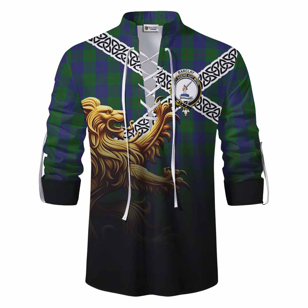Tartan Vibes Clothing Barclay Crest Tartan Ghillie Kilt Shirt with Golden Lion Emblem Celtic Style