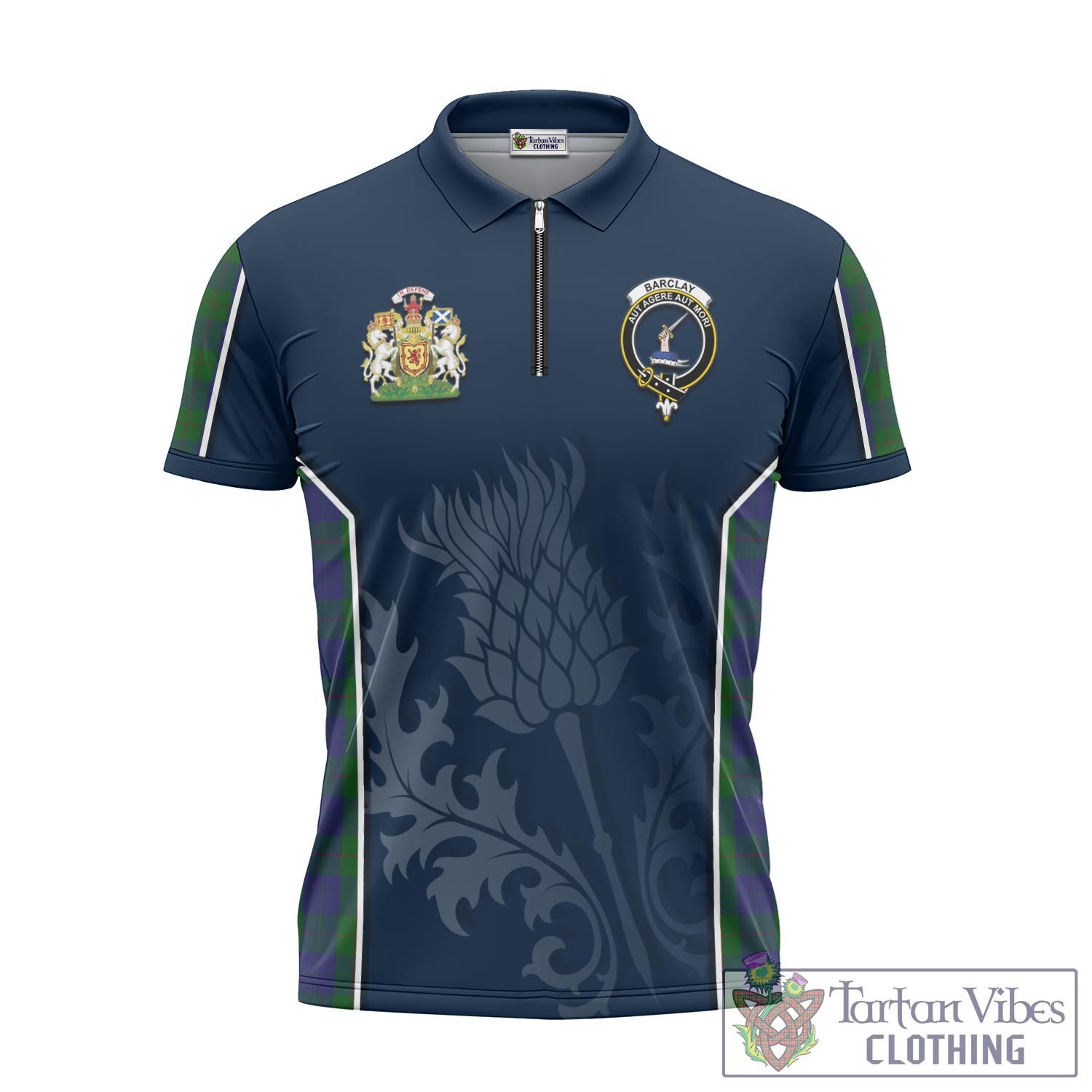Tartan Vibes Clothing Barclay Tartan Zipper Polo Shirt with Family Crest and Scottish Thistle Vibes Sport Style